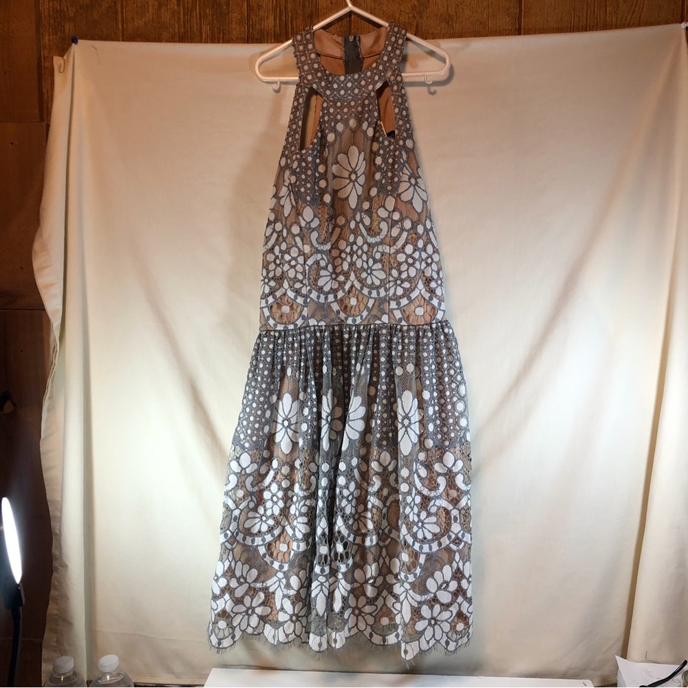 Jodi Kristopher Juniors halter fit and flare tan/gray dress 7